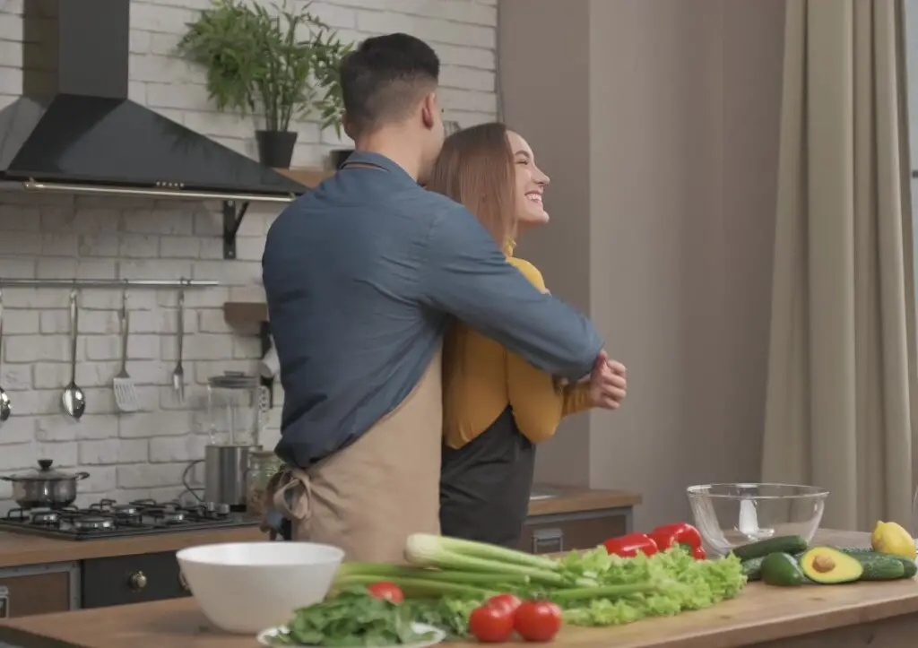 Young happy husband hug smiling wife cutting vegetable in the kitchen