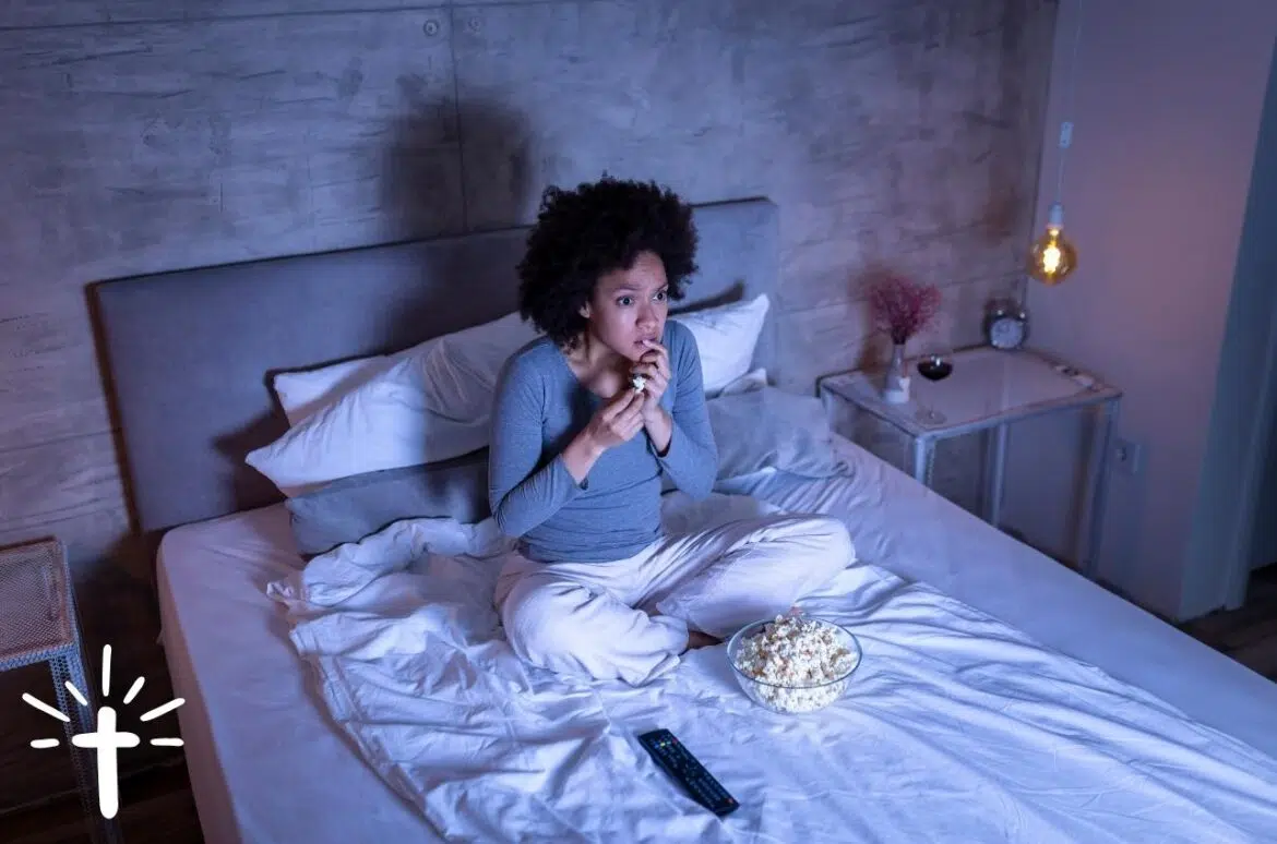 Christian Woman Watching Horror Movie Christian Woman Watching Horror Movie
