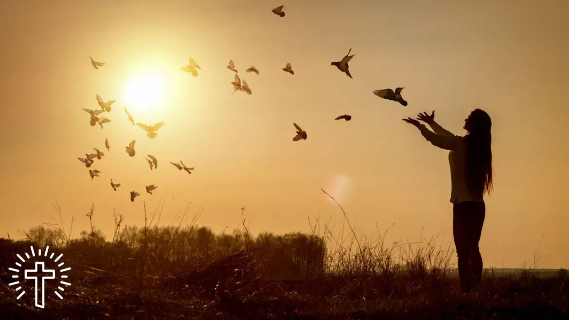 Woman in Sunset Playing With Birds and Sowing Faith in God